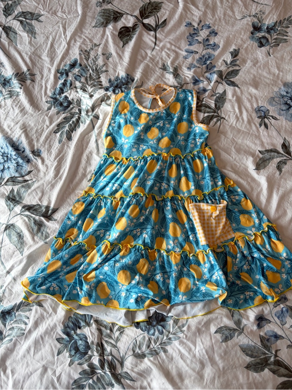Girls Blue & Yellow Lemon Print Tiered Dress